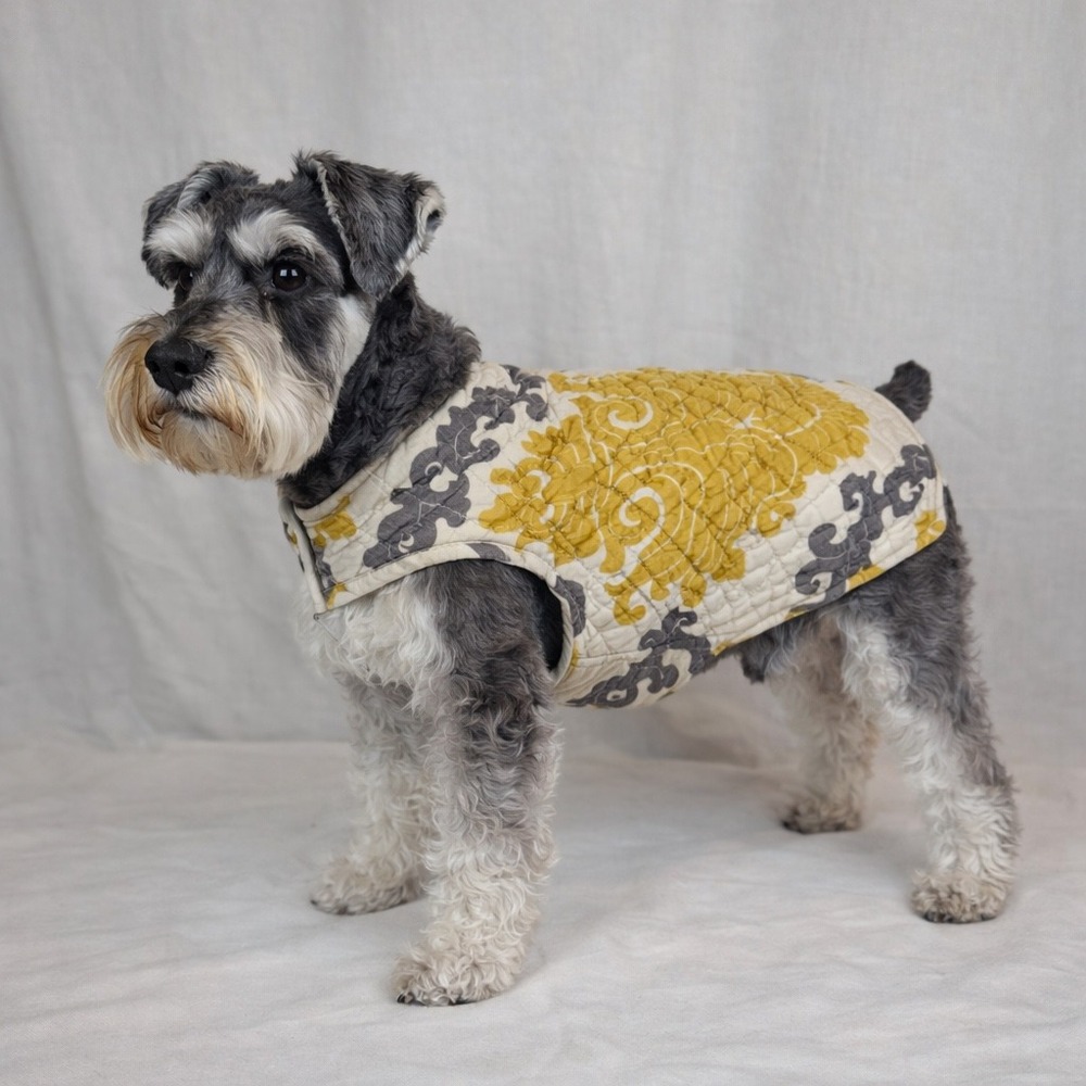 Handmade‎ Quilted Dog Vest Yellow Grey Damask Floral Pet Jacket Small Medium